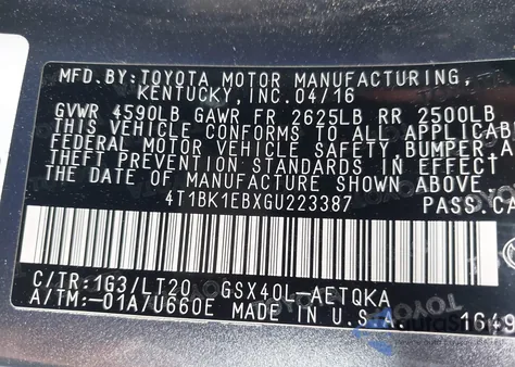 2016 Toyota Avalon Xle Plus/Premium/Tour/Ltd из США, поврежденный, VIN 4T1BK1EBXGU223387